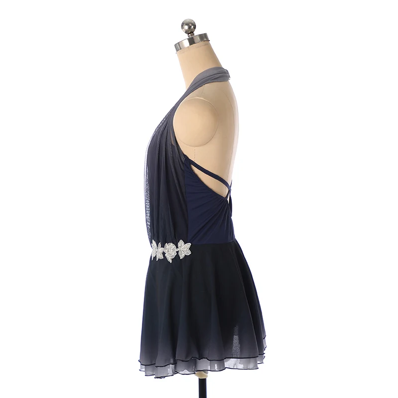 Nasinaya Figure skating outfit, ice skating outfit, performance outfit, sleeveless navy blue mesh, gradient silver flow view 3