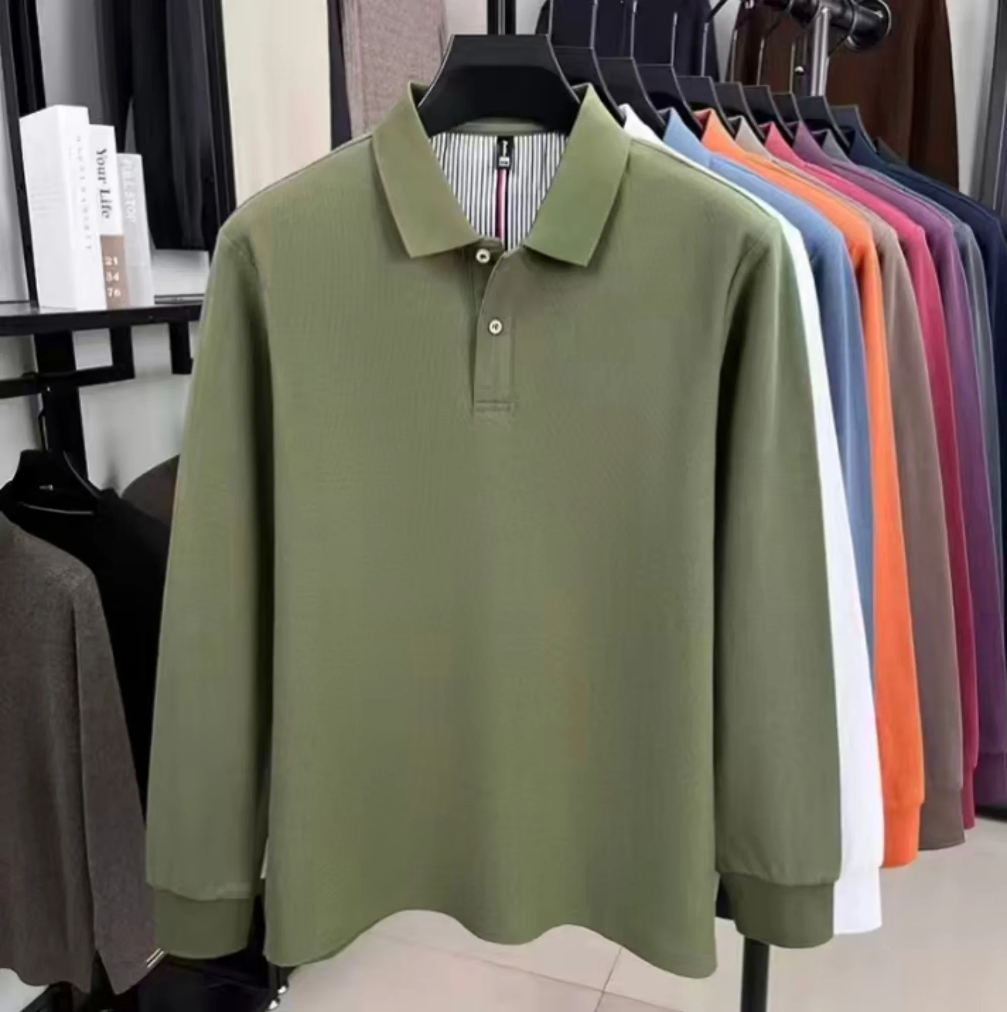 Hochwertiges Herren-Poloshirt aus reiner Baumwolle mit langen Ärmeln, exquisitem Luxuskragen, atmungsaktivem Komfortstoff, vielseitig für den Alltag geeignet. – Detail 15