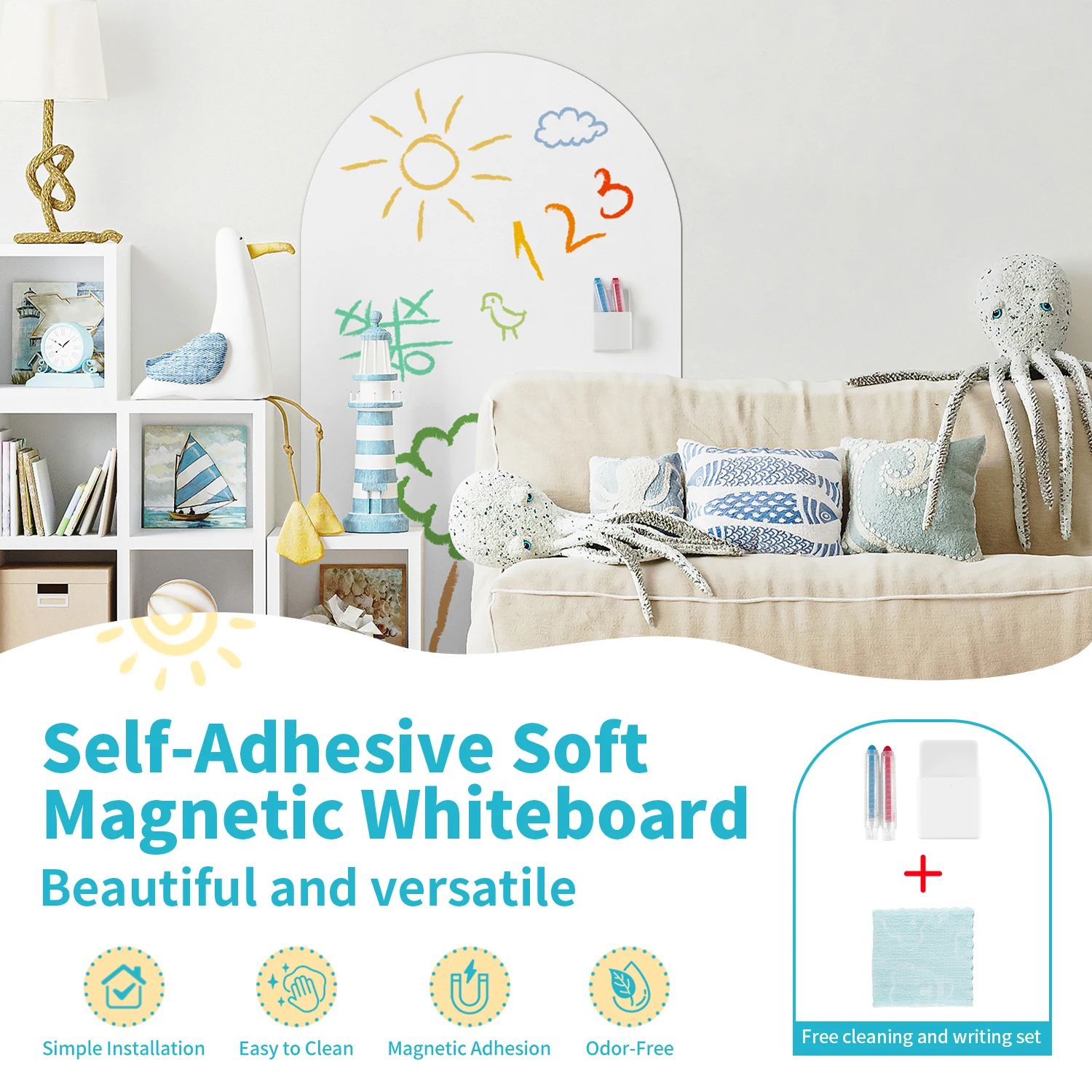 

Self-Adhesive Soft Magnetic Whiteboard, Arch-Shaped Odor-Free Easy-Clean, Kids Room Home Decoration & Study Writing Board