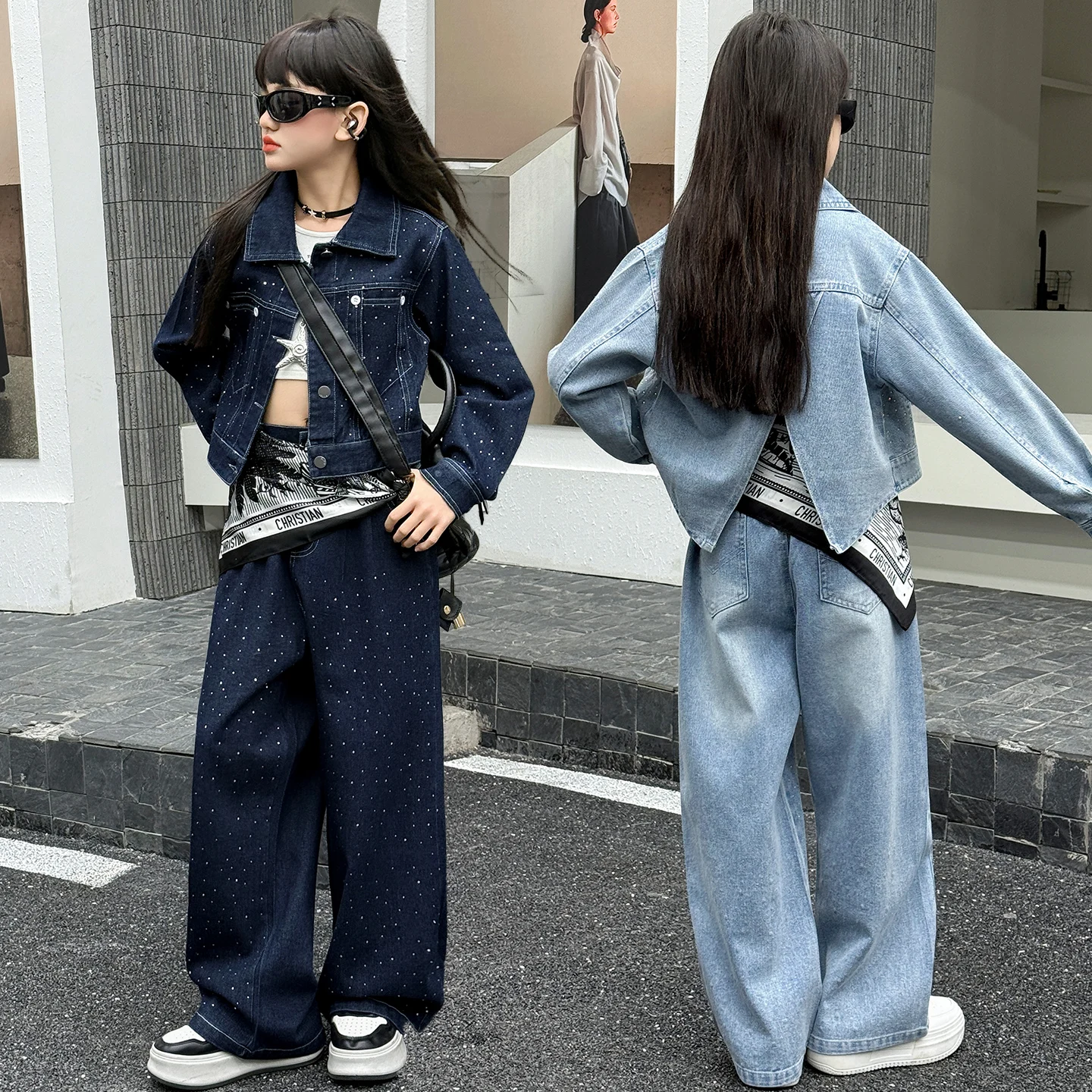 

Комплект одежды для девочек-подростков: блестящая джинсовая куртка с горячим тиснением + широкие брюки, 2 предмета, школьный костюм для детей, детский комплект одежды.