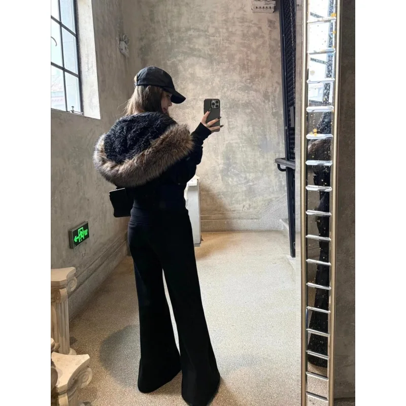 القوطية الأسود فو الفراء هوديي المرأة 2025 العصرية اقتصاص الرمز البريدي سترة الشارع موضة ملابس خارجية غير رسمية #6