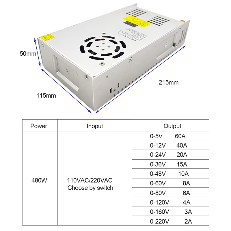 Imagem -06 - Fonte de Alimentação Comutada 480w 05v 12v 24v 36v 48v 60v 80v 120v 220v 300v dc Visor Digital Smps Regulado 110 220vac