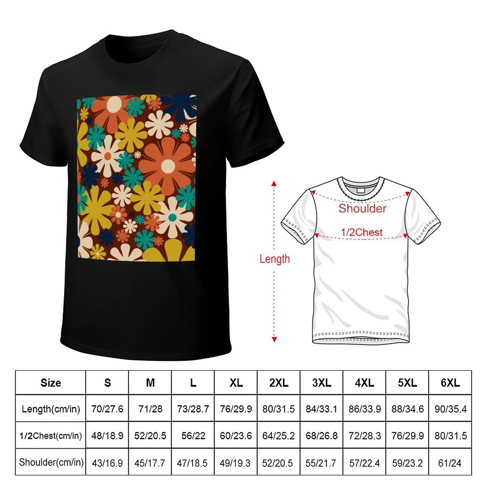 Retro 60s 70s Aesthetic Floral Pattern in Midcentury Rust Orange Mustard Teal Blue Beige T-Shirt Long Lasting Casual T-Shirt