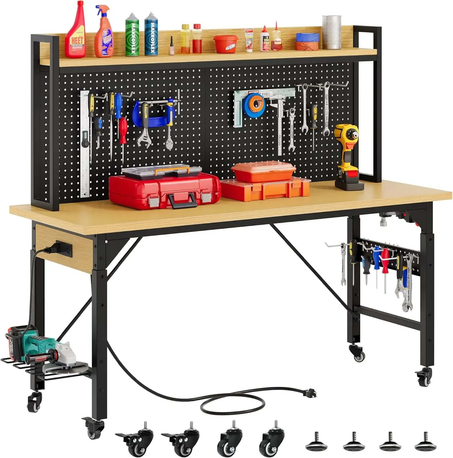 

60" Adjustable Workbench with Pegboard Heavy Duty Wood Top Work Bench with Wheels 1600 LBS Load Capacity Rolling Work Table