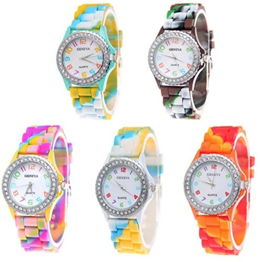 

5 Pack Rhinestone Colorful Silicone Jelly Wristwatches for Women Wholesale Watch Set