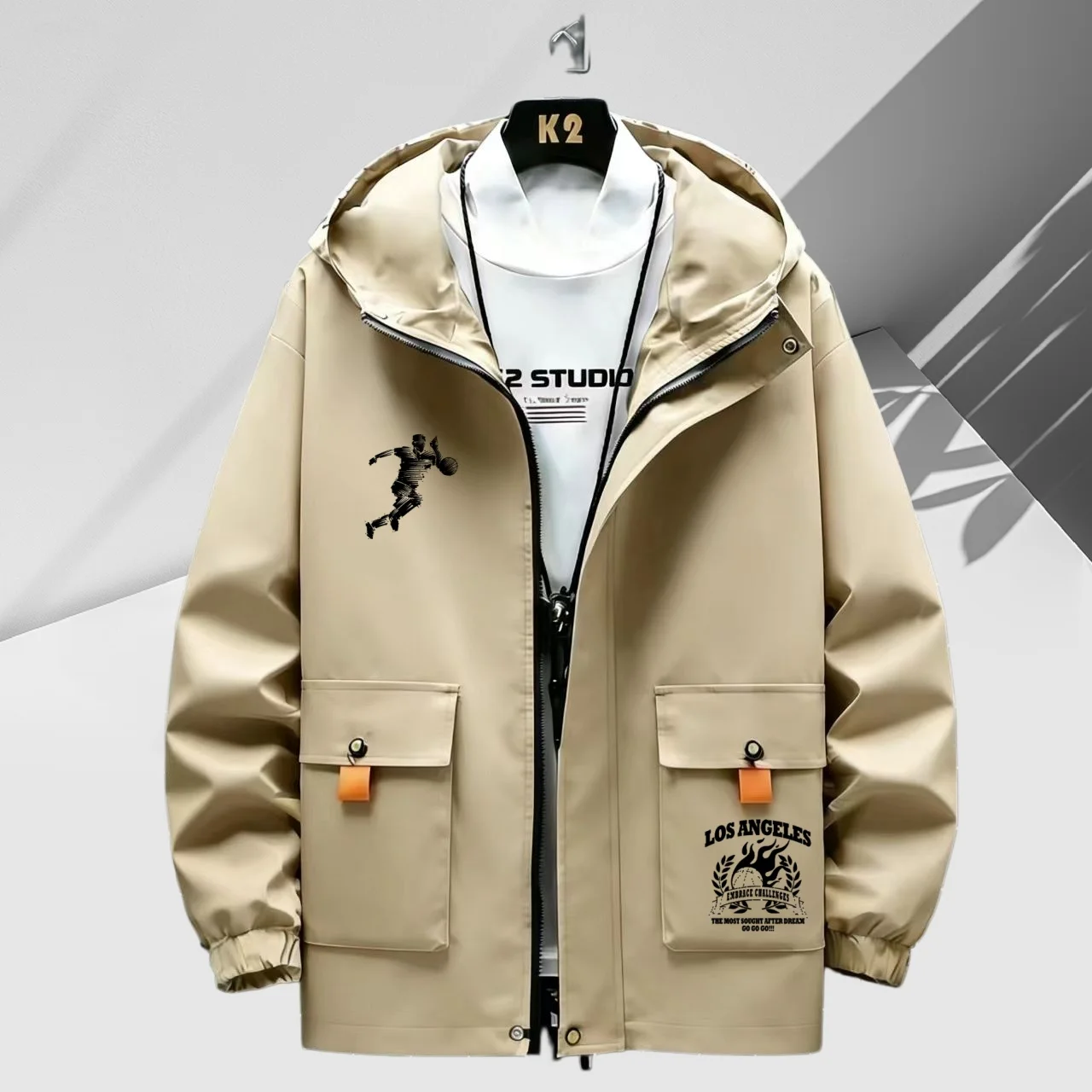 Men's hooded zipper jacket, casual loose windproof jacket, printed pattern coat, outdoor daily lightweight and fashionable overs