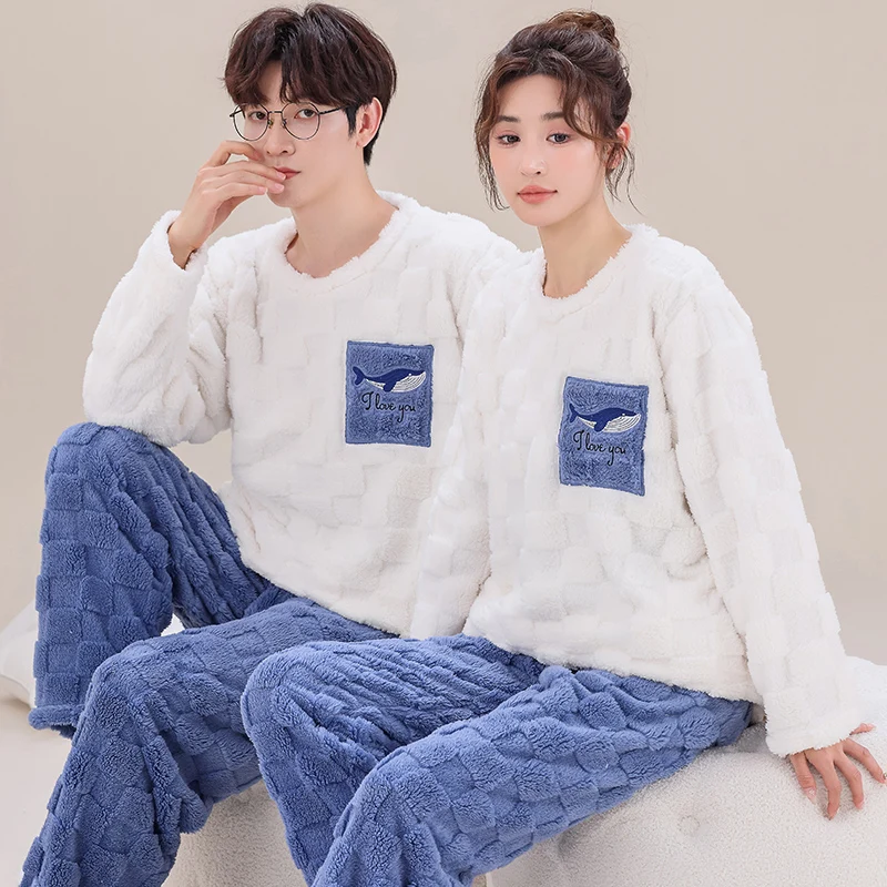 Couples Nightgown Thick Coral Fleece Men\'s Tops + Pants 2pcs Animal Cartoon Pajamas Women Flannel Home Service Lovers Homewear