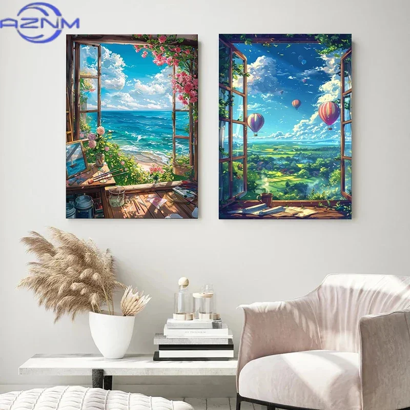 AZNM 1pc Frameless Modern Cartoon Seaside Cottage Summer Landscape Coast Villa Beach Life Canvas Painting Living Room Home Decor