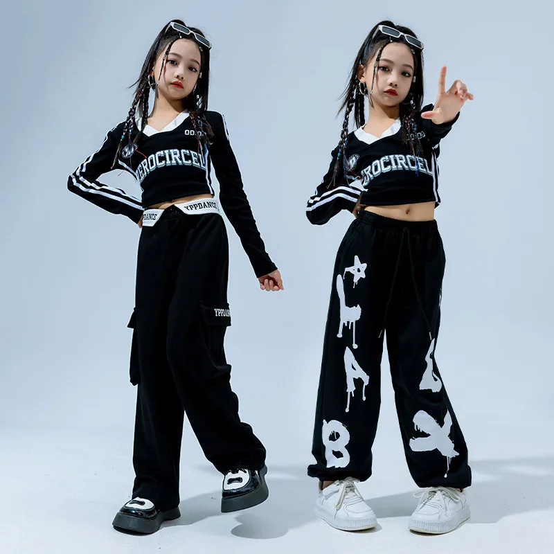 LOlanta Girls' Hip-hop Outfit Kids Jazz Street Dance Performance Wear Children Students Casual Sport Wear 4-16 Years Black Set