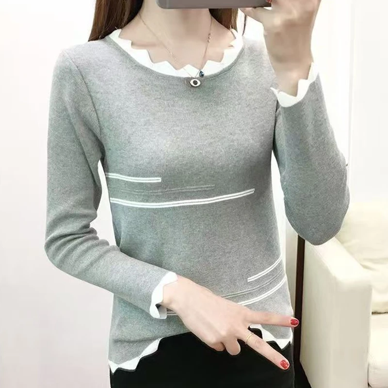 

Women Pullover Sweater Autumn Winter Long Sleeve Slim Striped Basic Work Casual Knitted Sweater 2025 New