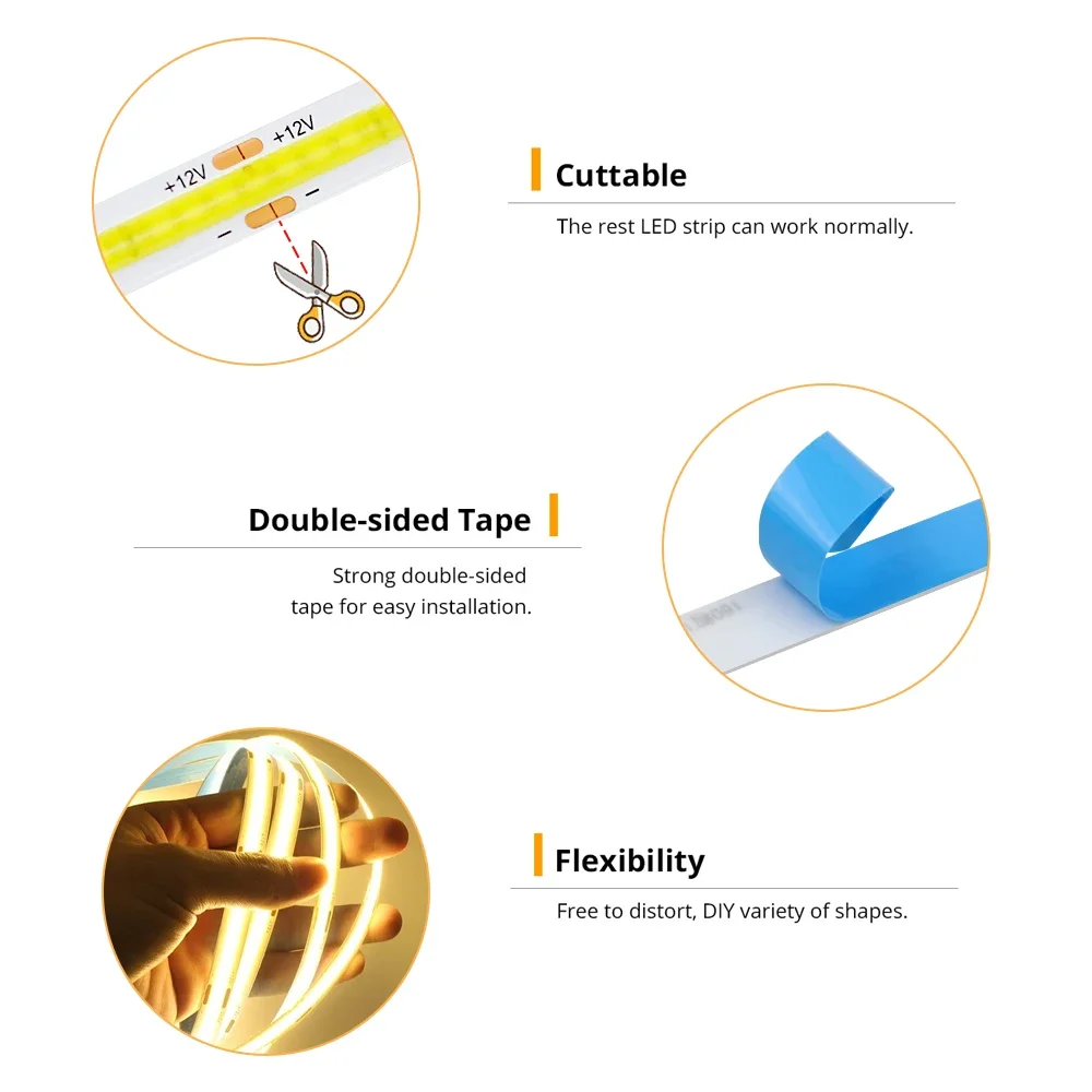 DC5V USB Dimmable COB LED Strip, 2M 3M 5M White/Warm White COB LED Strip Light with RF Remote control Dimmer For Home Lighting