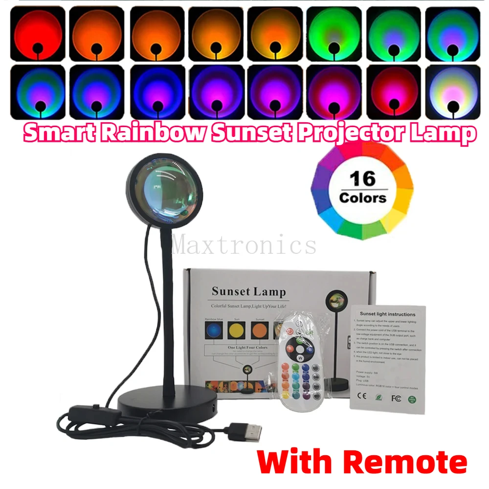 Smart Rainbow Sunset Projector Lamp with Remote for Home Coffe shop Background Wall Christmas Atmosphere Lamp Decor Night Light