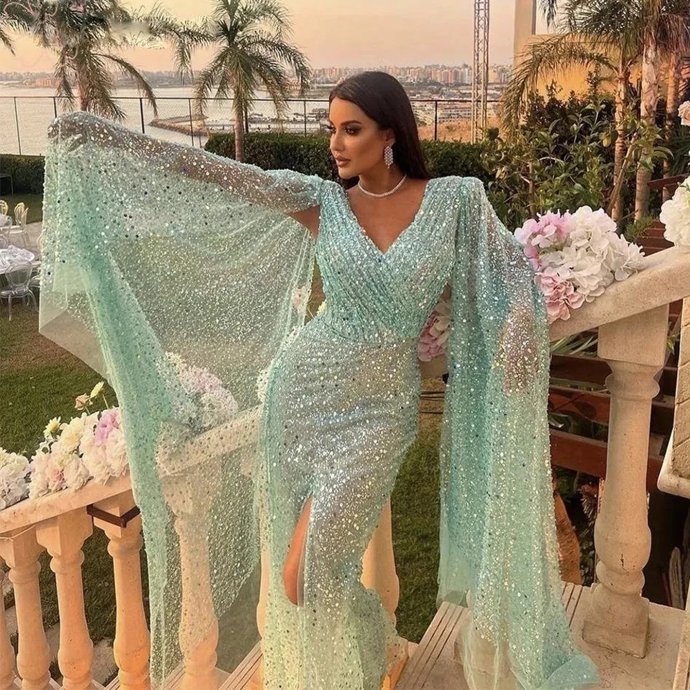 A-line V-neck Long Sleeve Split Hem Trailing Sequins Beaded Wedding Dress for Banquet Party Prom Holiday Cocktail Evening Gowns