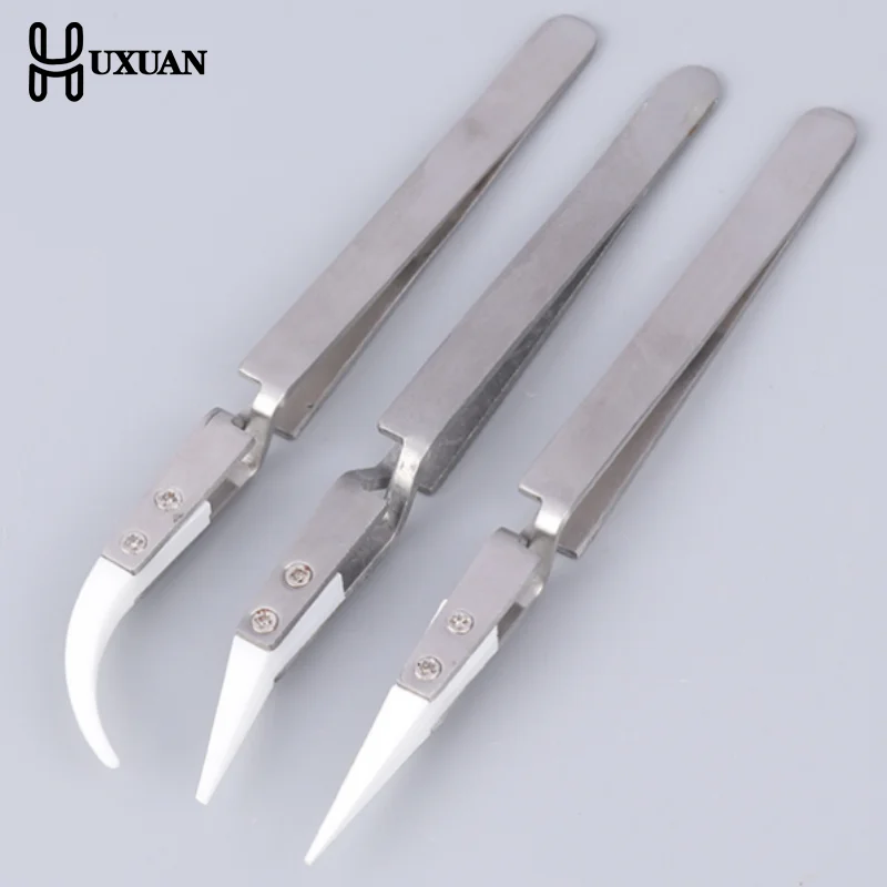 Pinzas de cerámica inversas antiestáticas, pinzas rectas curvadas conductoras electrónicas resistentes al calor de acero inoxidable