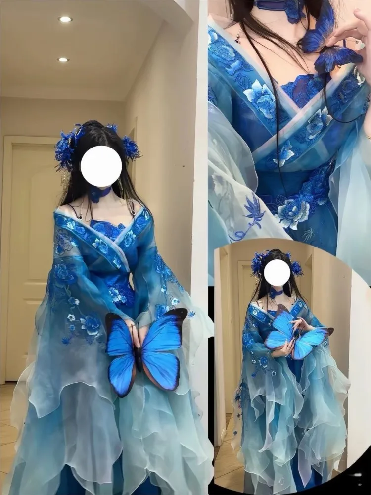 New blue Hanfu women's gradient embroidery ancient costume dance performance set