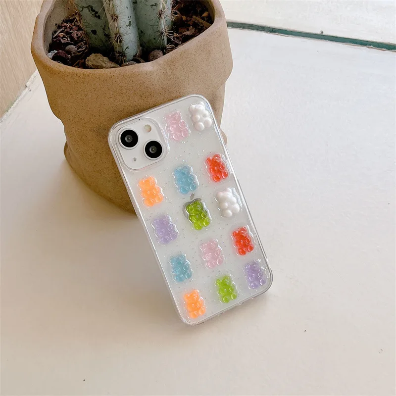 Cute 3D Colorful Bear Drop Glue Phone Case for iPhone 16 15 14 13 12mini 11 Pro Max XS X XR 7 8 Plus Shockproof Protective Cover view 5