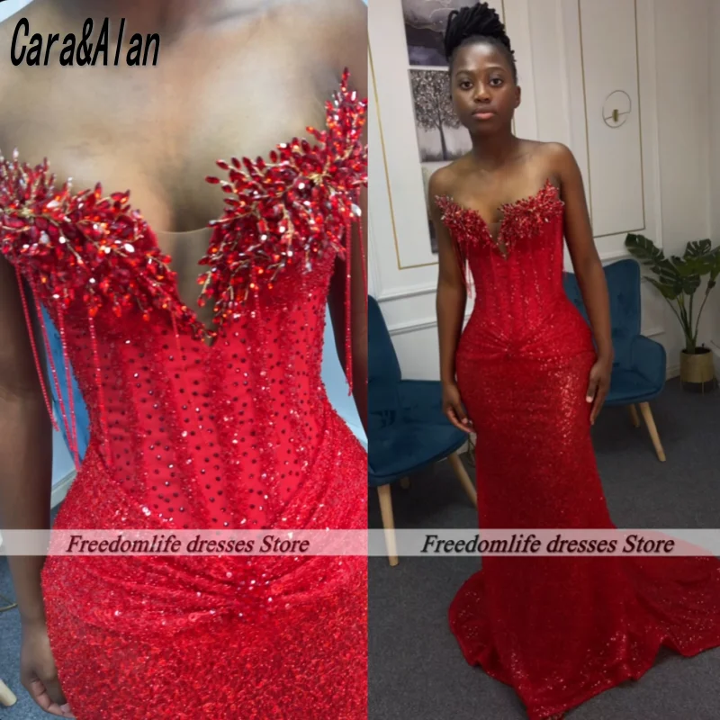 Preciosos vestidos de fiesta rojos 2025, vestido de fiesta de sirena de cristal con lentejuelas de lujo, vestidos de noche largos africanos para mujer personalizados