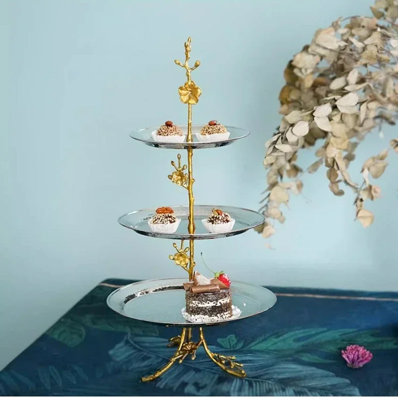 Luxury Three-tier Cake Stand,Brass & Stainless Steel Dessert Display, Artistic Afternoon Tea Serving Plate, Elegant Plum Design.