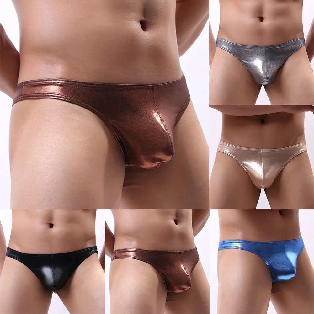 Men's Sexy Briefs Underwear Bright Imitation Leather Underwear Bulge Pouch Low Waist G-String Thongs Underpant
