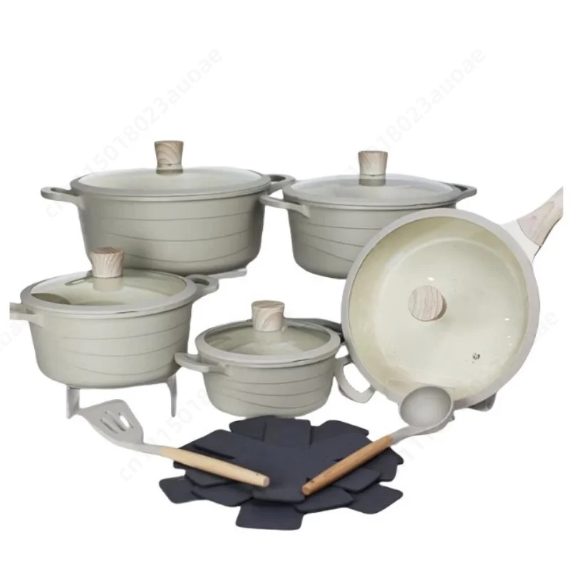 15 Piece Wave Pattern Cookware Set Nonstick Marble Coating Stock Pot Deep Frying Pan For Household Kitchen Cooking