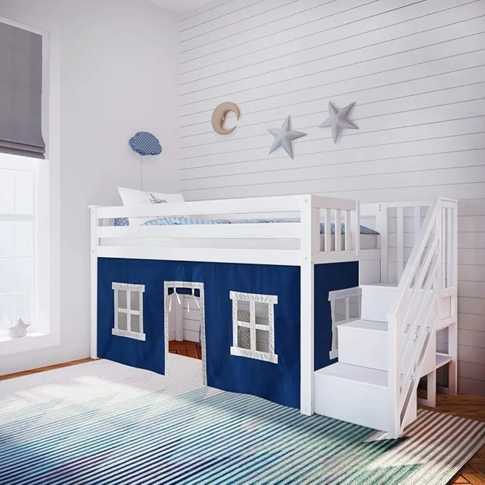 Twin Bed Frame with Staircase For Kids With Stairs and Curtains For Bottom ModernClean Design Space-saving Low Loft Bed