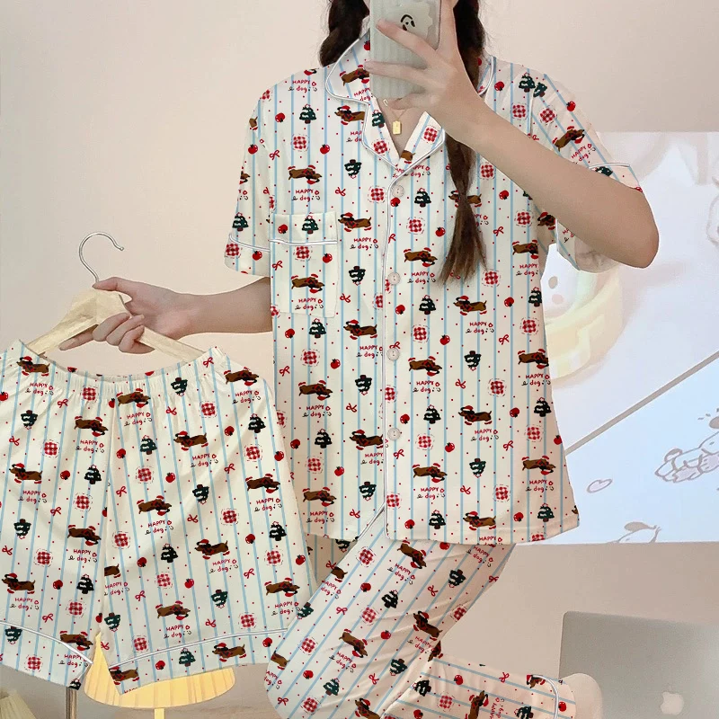 Женские пижамы в полоску с рисунком собаки и буквенным принтом, новые летние кавайные короткие крутые комплекты, комплект из трех предметов, корейская милая милая домашняя одежда
