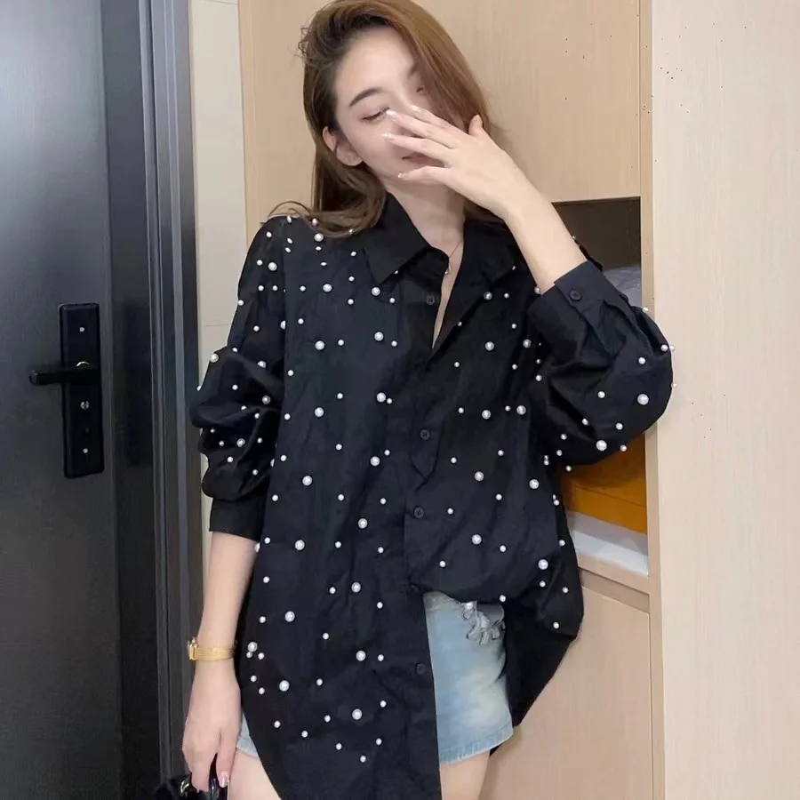 New In 2024 Autumn Mid-length Cotton Shirts Blouses For Women Beaded Long Sleeve Loose Casual Shirt Tops