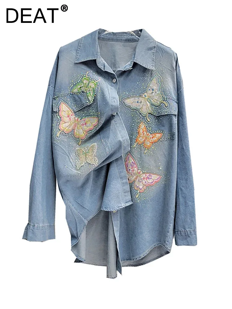 DEAT Women Denim Shirt Colorful Butterfly Embroidery Loose Diamonds Single Breasted Thin Blouse 2024 Autumn New Fashion 29L7273