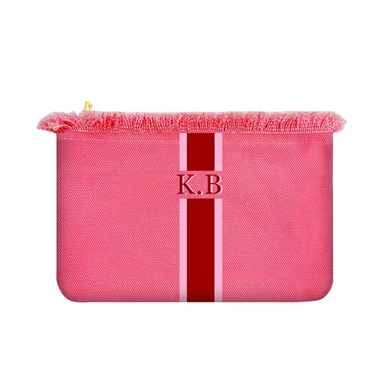 Pochette en Toile avec Lettres Brodées Personnalisées pour Femme, Sac à Rayures Verticales, Loisirs, Pompon, Cadeaux de Bureau, Plage, Vacances