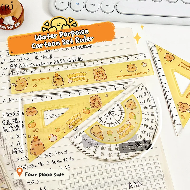 〔R〕1Set Cartoon Cute Plastic Capybara Ruler High Quality Straightedge Protractor Portable Measuring Tools School Office Supplies