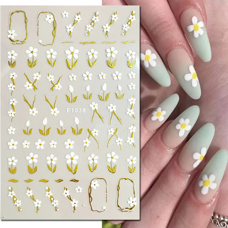 

Nail Art Decals 3d Golden Lines White Flowers Gold Leaves Nail Stickers Decoration For Nail Tips Beauty