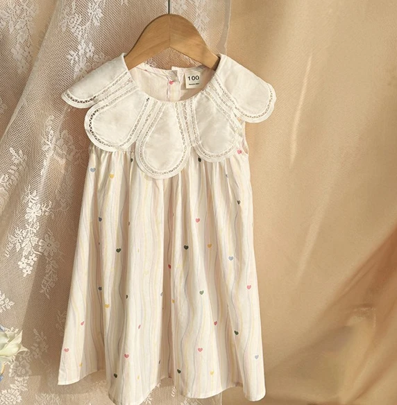 Korean Colorful Striped Heart-shaped Printed Girls Dress 2026 Summer New Petal Collar Sleeveless Dress