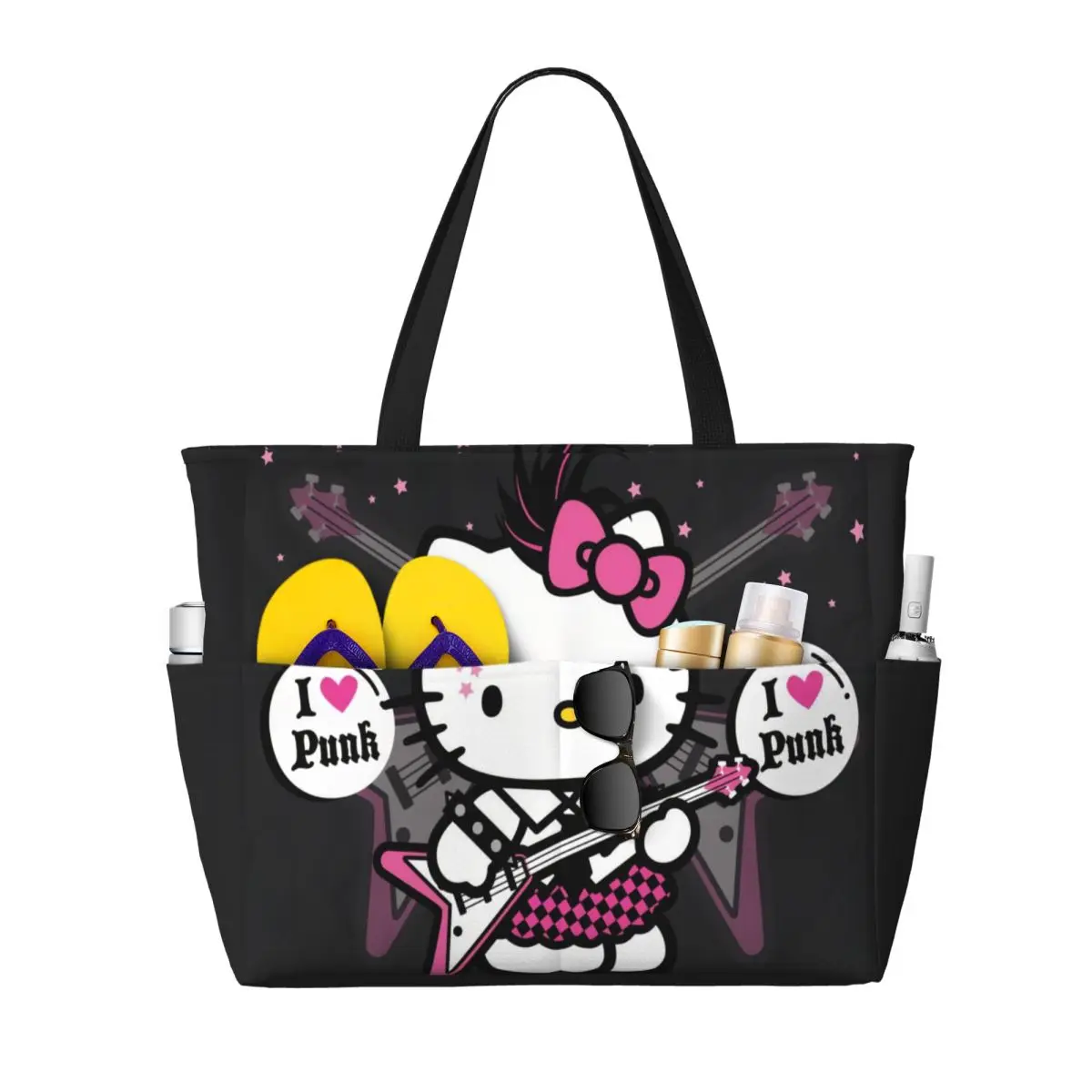 

Большая большая сумка-тоут в стиле панк Hello Kitty Cat, женская сумка через плечо с рисунком котенка для покупок, пляжная дорожная сумка для спортзала