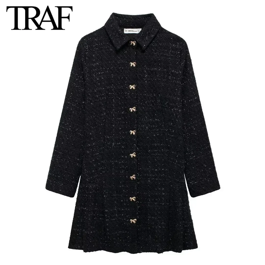 TRAF Women Fashion Spring Autumn New Long Sleeved Single Breasted Lapel Shirt Style Mini Dress France Chic Female Evening