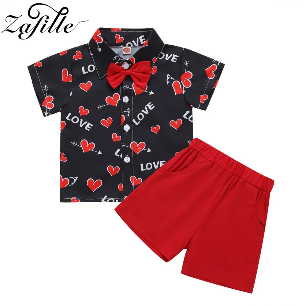 ZAFILLE Handsome Baby Clothes Set Valentine's Day Boys Costume LOVE Print Shirt+ Red Shorts Party Children's Clothing Boys Suits