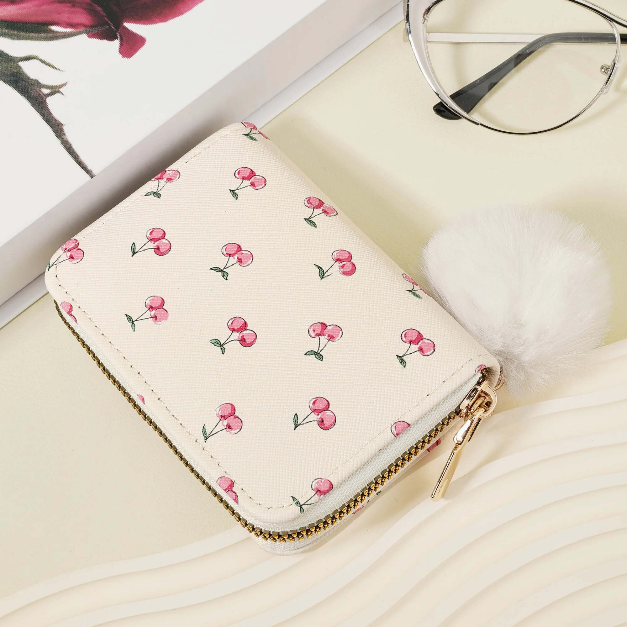 محفظة بطاقات ائتمان نسائية عصرية جديدة، مزينة بوم بوم رقيقة، محفظة للعملات المعدنية بسحاب، غطاء سحاب نسائي #3