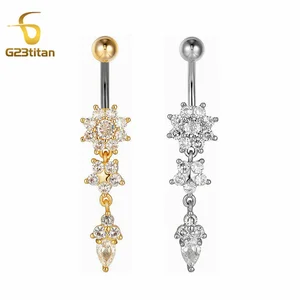 G23titan Cincin Kuku Pusar Kristal 14G Titanium Barbell Drop Bunga Menjuntai Cincin Pusar Tindik Tubuh Perhiasan Tubuh Pria Wanita 10 anting cartier penjualan terbaik - №