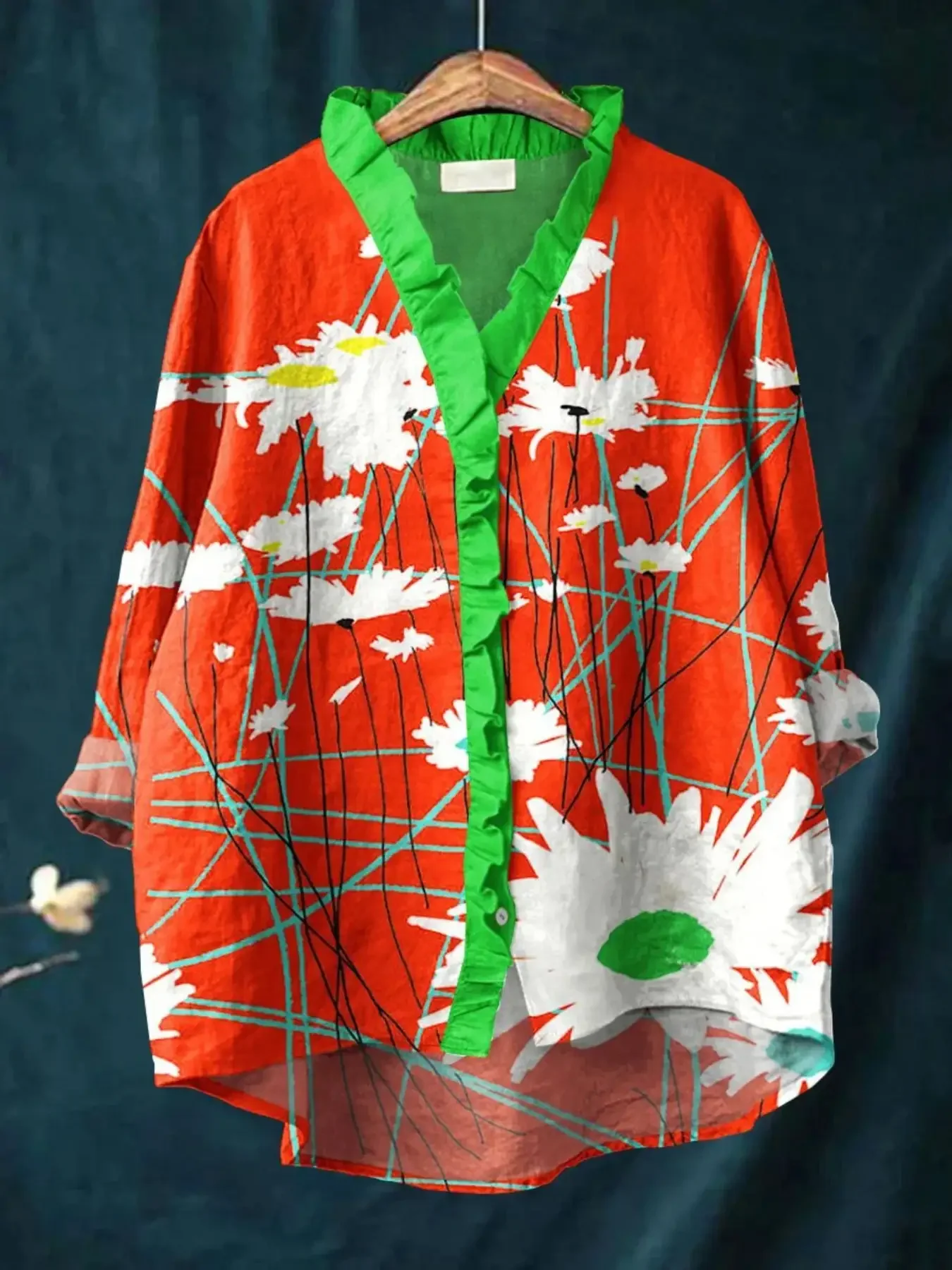 

New women's printed long sleeved shirt with ruffled neckline, It's an elegant, atmospheric, and comfortable plus size top