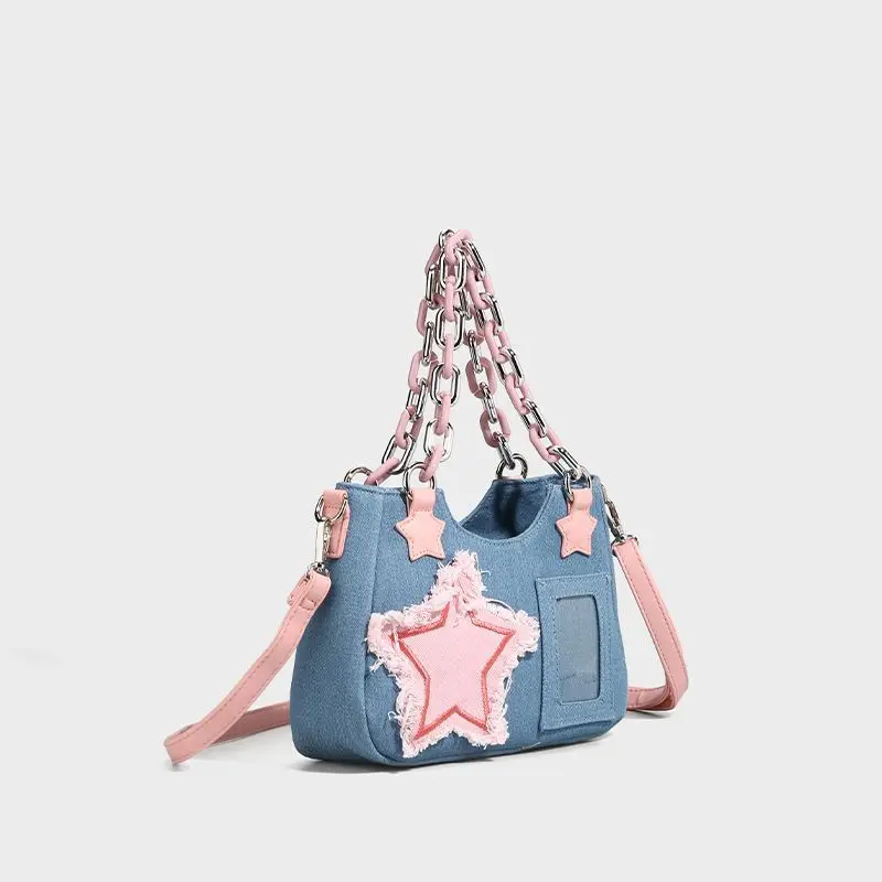 Star Patch ACGN Style Shoulder Denim Fabric Chain Decor  Fashion Bag Hand Bag Ladies for Daily Use Crossbody Bag