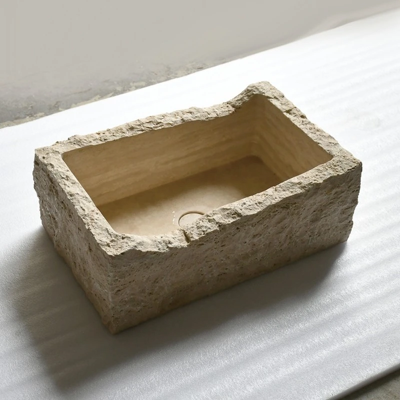 Modern Eco-Friendly Travertine Rectangular Vessel Sink Single-Hole Faucet Washbasin for Hotel Bathroom Countertop