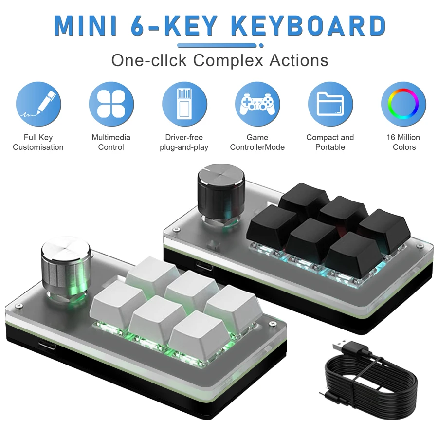 

6 Keys 1 Knob RGB Programming Macro Keypads Mini Custom Programming Keyboard USB Wired Mechanical Macropad for Gaming Photoshop
