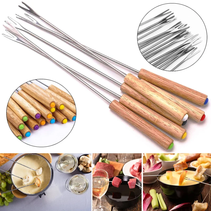 

6Pc Stainless Steel Fondue Forks Wood Handle Chocolate Fork Heat Resistant Hot Pot Fruit Dessert Fork Fondue Skewer Kitchen Tool