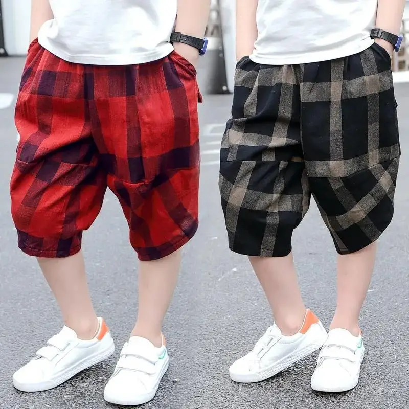 Children Loose Shorts Summer Casual Plaid Short Pant Elastic Big Boys Beach Calf Length Short for Teenager Kids 10 12 14 Years