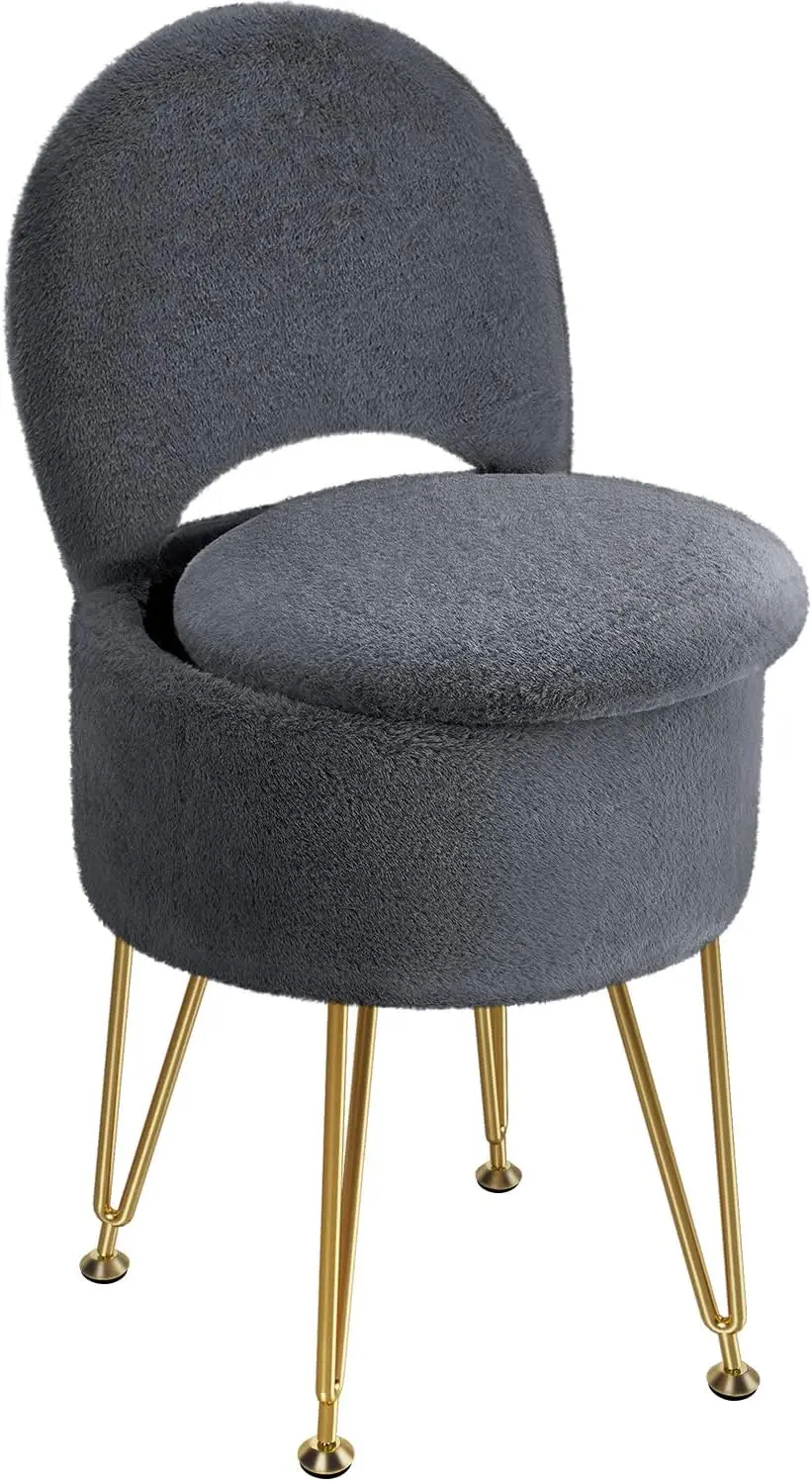 

Vanity Stool Chair With Storage And Folding Back, 15.7"" X 15.7"" X 19.5"" Soft Ottoman For Adults, 4 Metal Legs With Anti-Slip