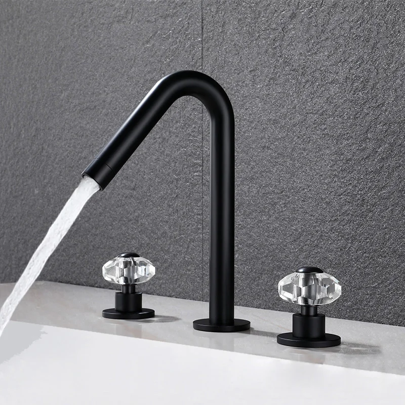 

Basin Faucet Mixer Bathroom Sink Faucets Black Paint Brass 3 Holes Crystal Handle Bathbasin Bathtub Tap Hot And Cold Water Taps