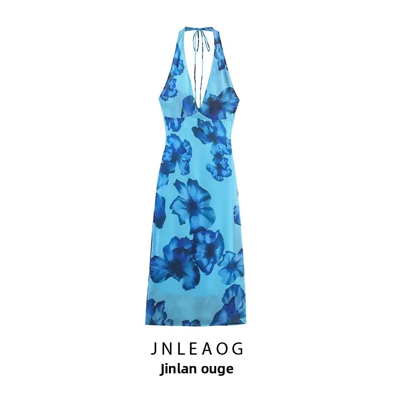 JNLEAOG Herbst Neue frauen Lange Blumen Druck Dr Ne Hängen Design Europäischen Sle Slim Fit V-ne Bal Polyester Faser