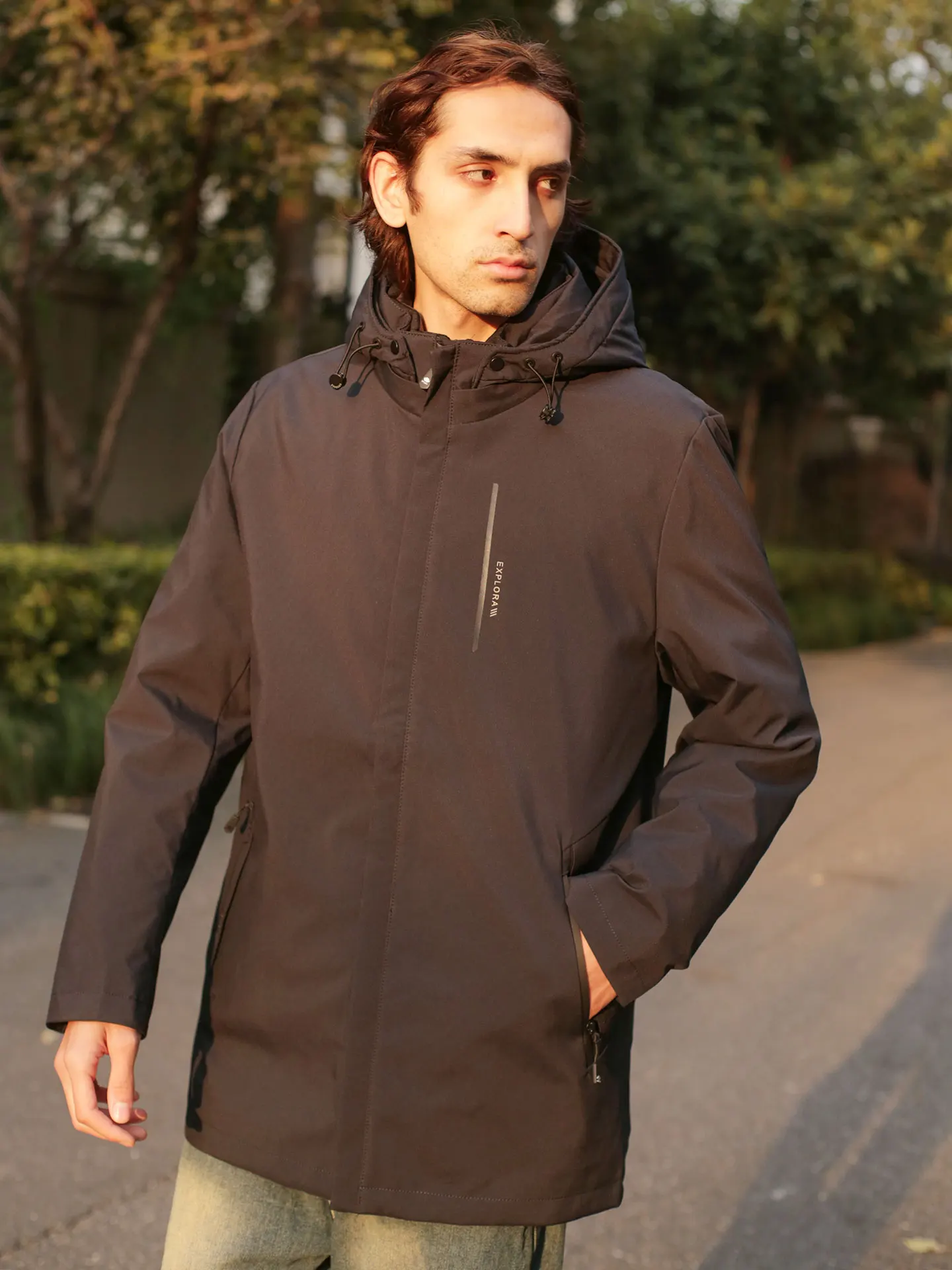 

Men's Tee-in-One down Jaet Windproof Waterproof Warm Casual Sle Zipper Closure Long Sve Coat with Hood by Rixinjia