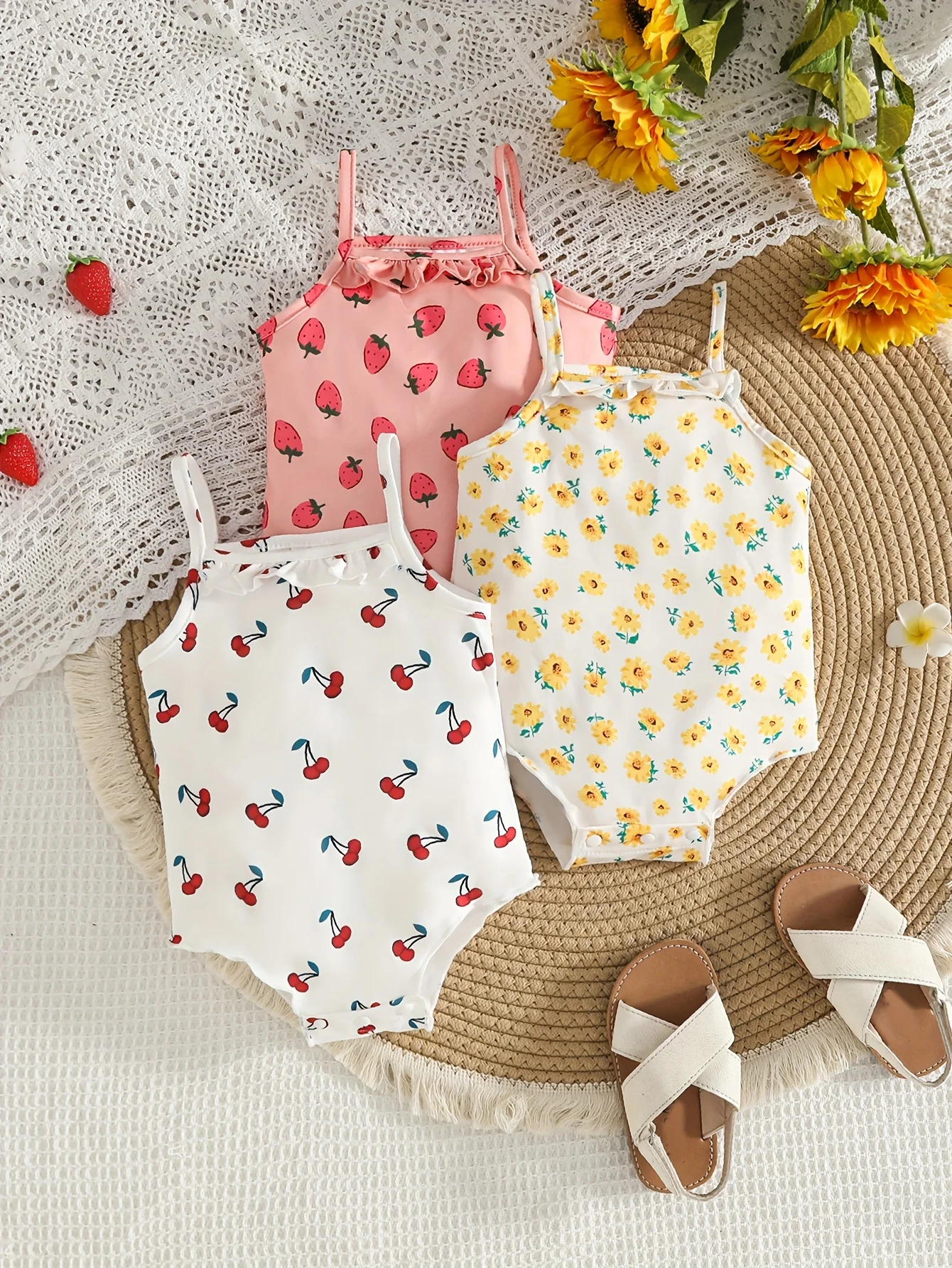 Baby Girls Cute Camisole 3PCS Set All Season Strawberry Cherry Chrysanthemum Print Comfortable Toddler Sling Outfit view 3