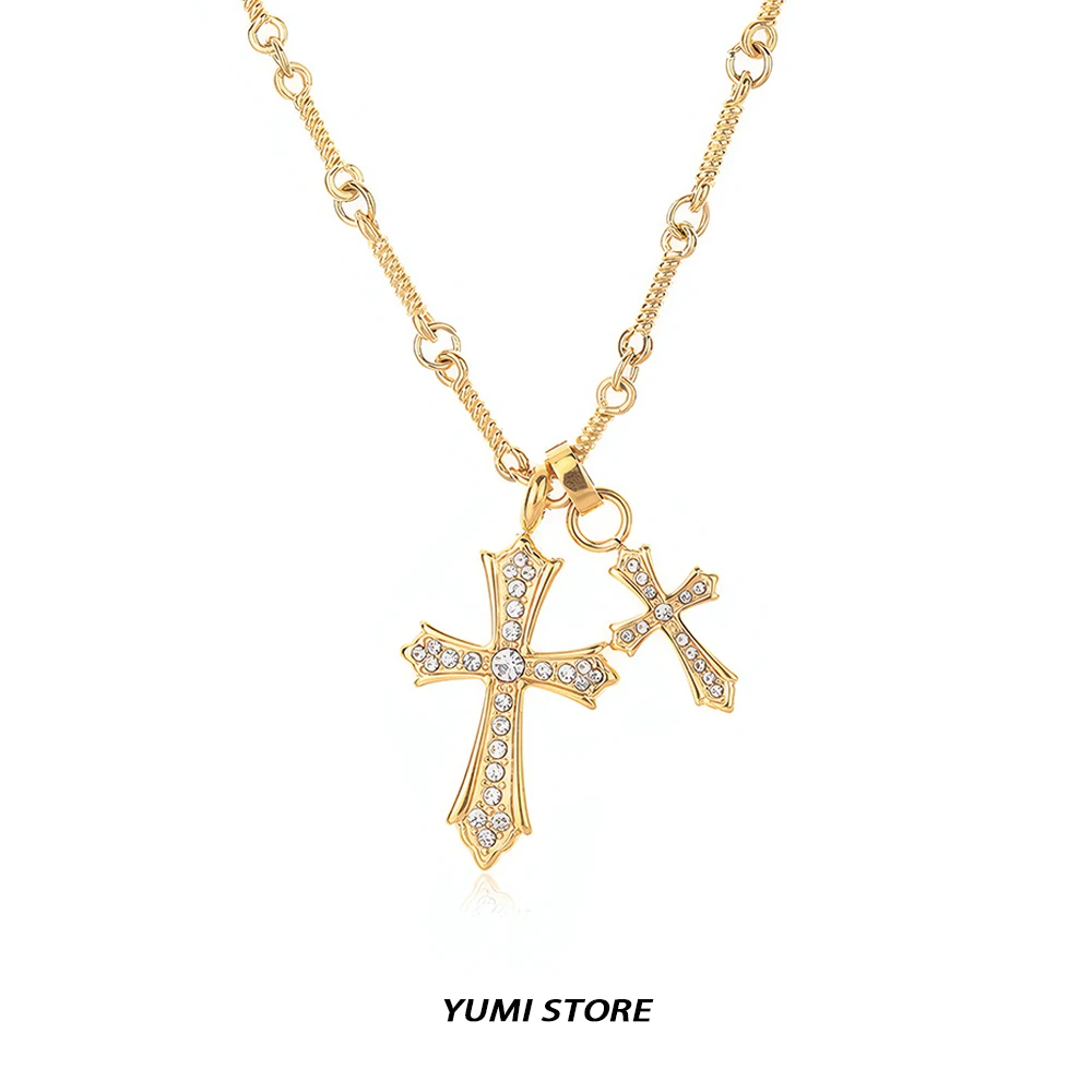 

Hip hop Double Zircon Cross Pendant Necklace For Man Woman Luxury Non Fading Titanium Clavicle Chain Couple Jewelry Lover's Gift