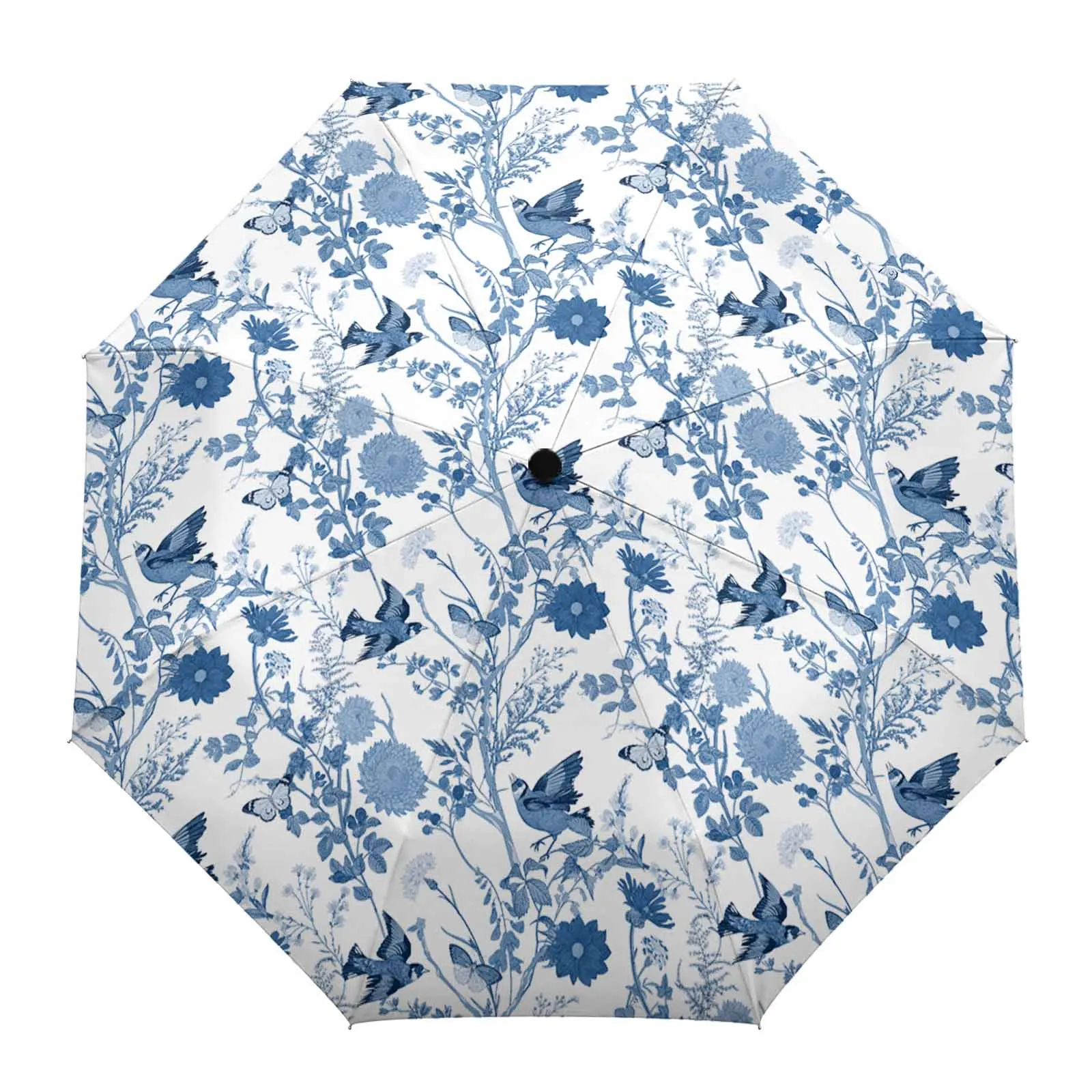 Vintage Flower Bird Blue Flower Automatic Umbrella for Rain Foldable Parasol Umbrella Eight strand Outdoor Umbrellas